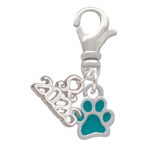 Silver Plated Mini Translucent Teal Paw - Silver Plated Clip on Charm with Mini Year 2026: Year to Remember Jewelry Gift - Celebrations