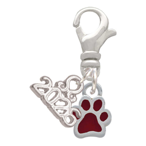 Silver Plated Mini Translucent Maroon Paw - Silver Plated Clip on Charm with Mini Year 2026: Year to Remember Jewelry Gift - Celebrations