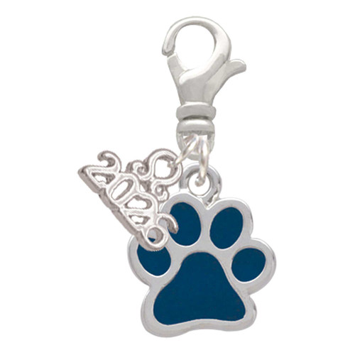 Silver Plated Medium Translucent Navy Paw - Silver Plated Clip on Charm with Mini Year 2026: Year to Remember Jewelry Gift - Celebrations