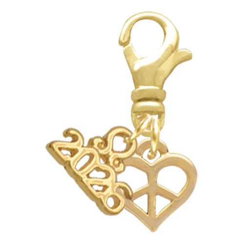 Gold-tone Mini Heart Peace Sign - Gold-tone Plated Clip on Charm with Mini Year 2026: Year to Remember Jewelry Gift - Celebrations
