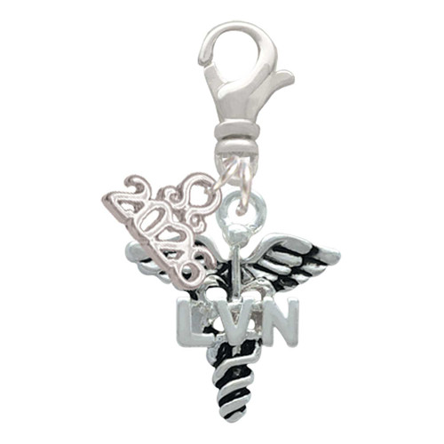 Silver Plated Nurse Caduceus - LVN - Silver Plated Clip on Charm with Mini Year 2026: Year to Remember Jewelry Gift - Celebrations