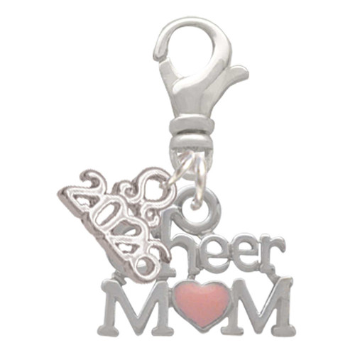 Silver Plated Cheer Mom with Pink Heart - Silver Plated Clip on Charm with Mini Year 2026: Year to Remember Jewelry Gift - Celebrations