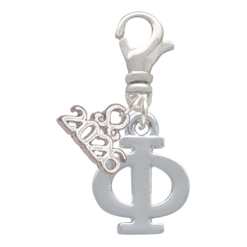 Silver Plated Large Greek Letter - Phi - Silver Plated Clip on Charm with Mini Year 2026: Year to Remember Jewelry Gift - Celebrations