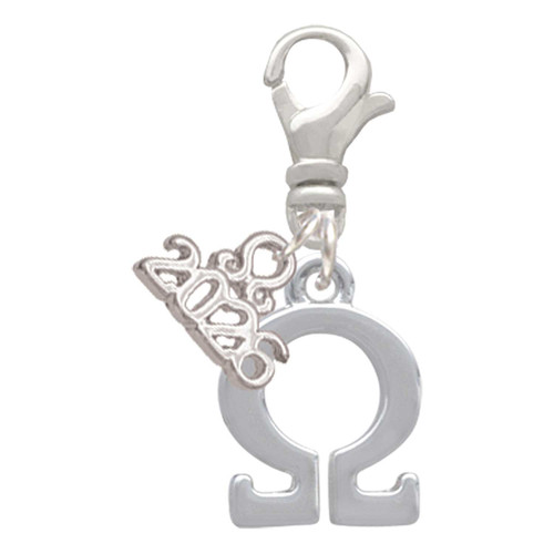 Silver Plated Large Greek Letter - Omega - Silver Plated Clip on Charm with Mini Year 2026: Year to Remember Jewelry Gift - Celebrations