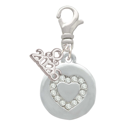 Silver Plated Disc with Crystal Heart - Silver Plated Clip on Charm with Mini Year 2026: Year to Remember Jewelry Gift - Celebrations