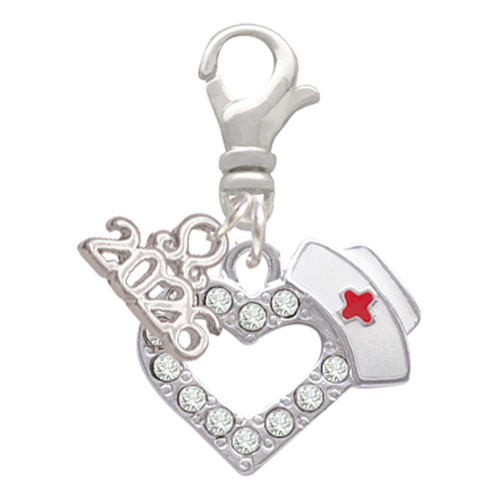 Silver Plated Small Crystal Heart with Nurse Hat - Silver Plated Clip on Charm with Mini Year 2026: Year to Remember Jewelry Gift - Celebrations