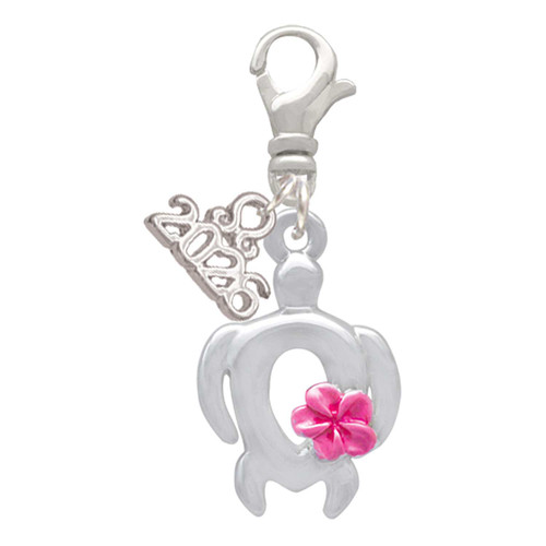 Silver Plated Open Sea Turtle with Hot Pink Plumeria - Silver Plated Clip on Charm with Mini Year 2026: Year to Remember Jewelry Gift - Celebrations
