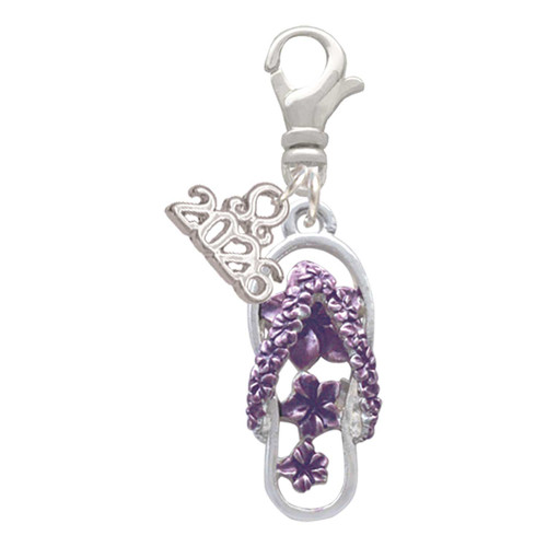 Silver Plated Purple Open Plumeria Flower Flip Flop - Silver Plated Clip on Charm with Mini Year 2026: Year to Remember Jewelry Gift - Celebrations