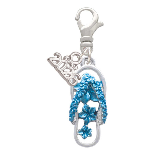Silver Plated Blue Open Plumeria Flower Flip Flop - Silver Plated Clip on Charm with Mini Year 2026: Year to Remember Jewelry Gift - Celebrations