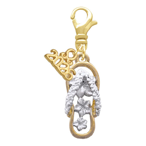 Gold-tone White Open Plumeria Flip Flop - Gold-tone Plated Clip on Charm with Mini Year 2026: Year to Remember Jewelry Gift - Celebrations