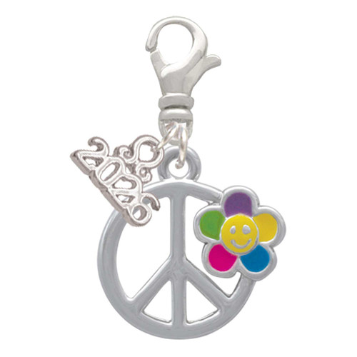 Silver Plated Large Multicolored Daisy on Peace Sign - Silver Plated Clip on Charm with Mini Year 2026: Year to Remember Jewelry Gift - Celebrations
