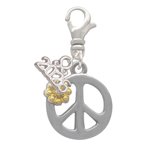 Two-tone Large Peace Sign with Daisy and Crystal - Silver Plated Clip on Charm with Mini Year 2026: Year to Remember Jewelry Gift - Celebrations