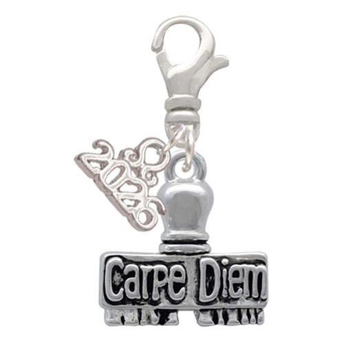 Silver Plated 3-D ''Carpe Diem'' Stamp - Silver Plated Clip on Charm with Mini Year 2026: Year to Remember Jewelry Gift - Celebrations