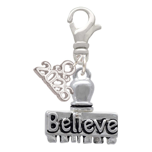 Silver Plated 3-D ''Believe'' Stamp - Silver Plated Clip on Charm with Mini Year 2026: Year to Remember Jewelry Gift - Celebrations