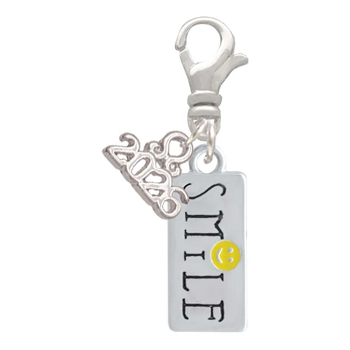 Silver Plated Smile with Smiley Face Rectangle - Silver Plated Clip on Charm with Mini Year 2026: Year to Remember Jewelry Gift - Celebrations