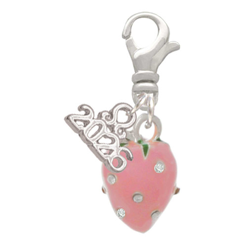 Silver Plated Large 3-D Pink Strawberry with Crystals - Silver Plated Clip on Charm with Mini Year 2026: Year to Remember Jewelry Gift - Celebrations