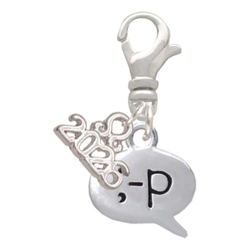 Silver Plated Emoticon :-P - Cheeky - Silver Plated Clip on Charm with Mini Year 2026: Year to Remember Jewelry Gift - Celebrations