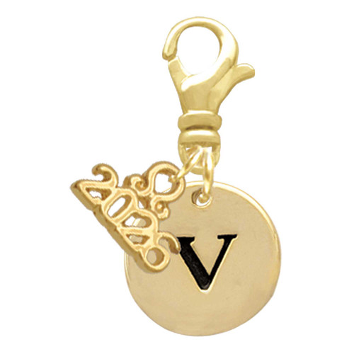 Gold-tone Disc 1/2'' Initial - v - Gold-tone Plated Clip on Charm with Mini Year 2026: Year to Remember Jewelry Gift - Celebrations