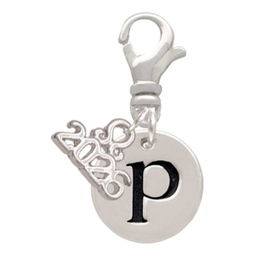 Silver Plated Disc Initial - p - Silver Plated Clip on Charm with Mini Year 2026: Year to Remember Jewelry Gift - Celebrations