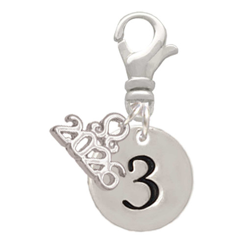 Silver Plated Disc Number - 3 - Silver Plated Clip on Charm with Mini Year 2026: Year to Remember Jewelry Gift - Celebrations