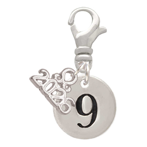 Silver Plated Disc Number - 9 - Silver Plated Clip on Charm with Mini Year 2026: Year to Remember Jewelry Gift - Celebrations