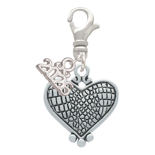 Antiqued Snake Print Heart - Silver Plated Clip on Charm with Mini Year 2026: Year to Remember Jewelry Gift - Celebrations
