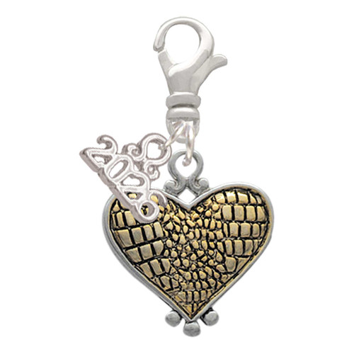 Two-tone Alligator Print Heart - Silver Plated Clip on Charm with Mini Year 2026: Year to Remember Jewelry Gift - Celebrations