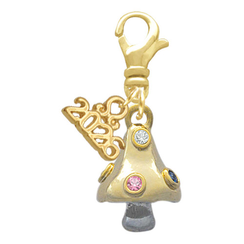 3-D Gold-tone Mushroom with Crystals - Gold-tone Plated Clip on Charm with Mini Year 2026: Year to Remember Jewelry Gift - Celebrations