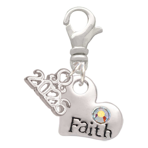 Faith Heart with AB Crystal - Silver Plated Clip on Charm with Mini Year 2026: Year to Remember Jewelry Gift - Celebrations
