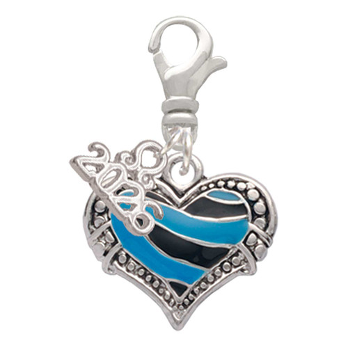 Silver Plated Hot Blue Tiger Print Heart - Silver Plated Clip on Charm with Mini Year 2026: Year to Remember Jewelry Gift - Celebrations
