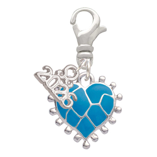 Silver Plated Hot Blue Giraffe Print Heart - Silver Plated Clip on Charm with Mini Year 2026: Year to Remember Jewelry Gift - Celebrations