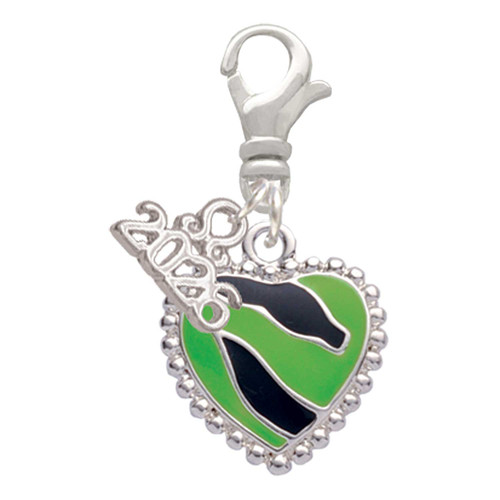 Silver Plated Lime Green Zebra Print Heart - Silver Plated Clip on Charm with Mini Year 2026: Year to Remember Jewelry Gift - Celebrations