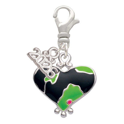 Silver Plated Lime Green Large Cheetah Print Heart - Silver Plated Clip on Charm with Mini Year 2026: Year to Remember Jewelry Gift - Celebrations