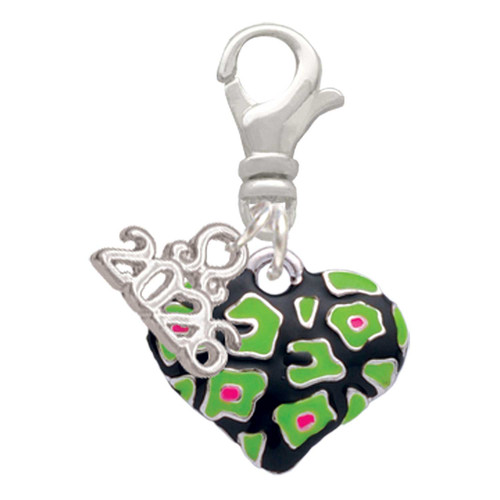 Silver Plated Lime Green Cheetah Print Heart - Silver Plated Clip on Charm with Mini Year 2026: Year to Remember Jewelry Gift - Celebrations
