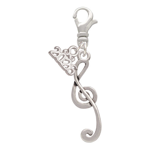 Silver Plated Long Curly Clef - Silver Plated Clip on Charm with Mini Year 2026: Year to Remember Jewelry Gift - Celebrations