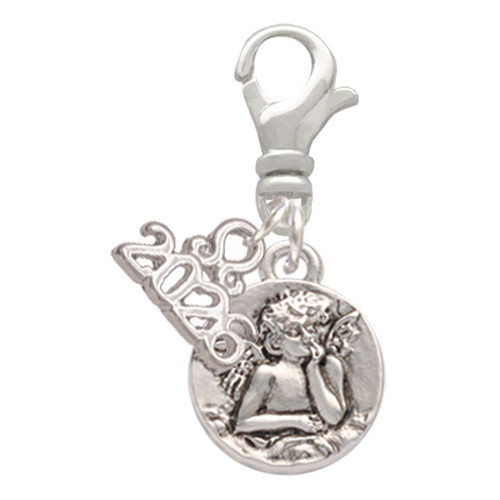 Silver Plated Small Raphael Angel on Disc - Silver Plated Clip on Charm with Mini Year 2026: Year to Remember Jewelry Gift - Celebrations