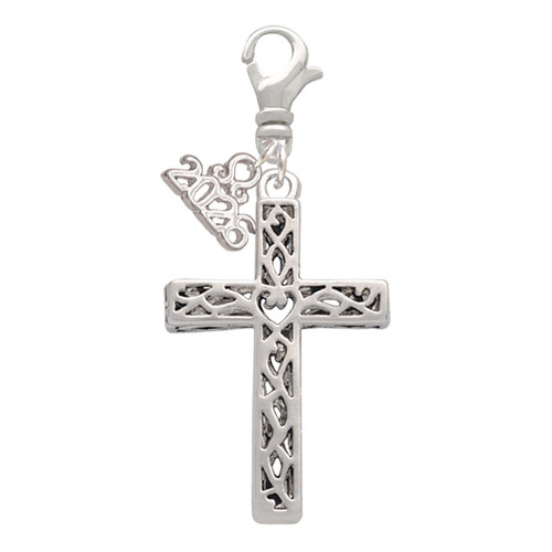 Silver Plated Large Celtic Vine Cross - Silver Plated Clip on Charm with Mini Year 2026: Year to Remember Jewelry Gift - Celebrations
