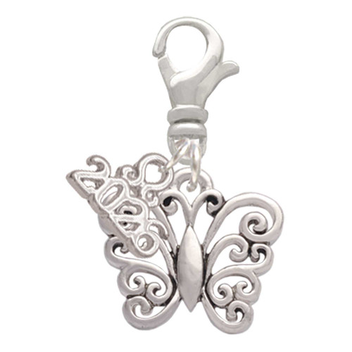 Filigree Curls Butterfly - Silver Plated Clip on Charm with Mini Year 2026: Year to Remember Jewelry Gift - Celebrations