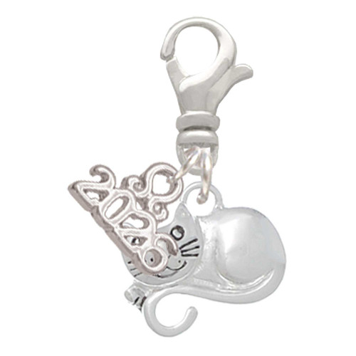 Curled Up Cat - Silver Plated Clip on Charm with Mini Year 2026: Year to Remember Jewelry Gift - Celebrations