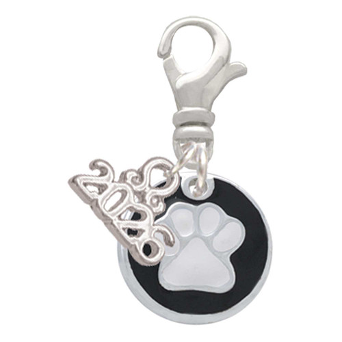 Silver Plated White Paw on Black Disc - Silver Plated Clip on Charm with Mini Year 2026: Year to Remember Jewelry Gift - Celebrations
