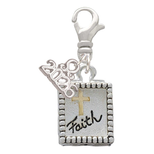 Two-tone Shadow Box ''Faith'' with Cross - Silver Plated Clip on Charm with Mini Year 2026: Year to Remember Jewelry Gift - Celebrations