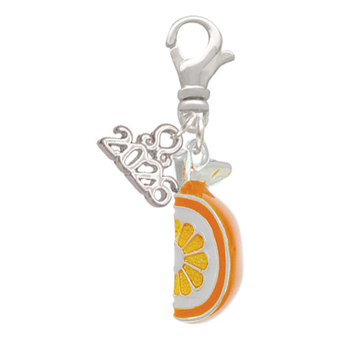 3-D Enamel Orange Slice - Silver Plated Clip on Charm with Mini Year 2026: Year to Remember Jewelry Gift - Celebrations