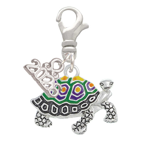 Enamel Side Turtle - Silver Plated Clip on Charm with Mini Year 2026: Year to Remember Jewelry Gift - Celebrations