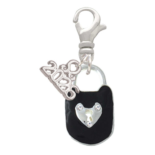 Silver Plated Black Enamel Lock with Clear Crystals - Silver Plated Clip on Charm with Mini Year 2026: Year to Remember Jewelry Gift - Celebrations