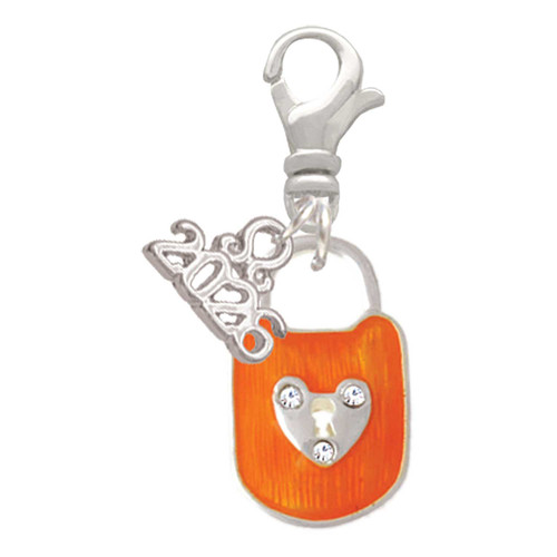 Hot Orange Enamel Lock with Clear Crystals - Silver Plated Clip on Charm with Mini Year 2026: Year to Remember Jewelry Gift - Celebrations