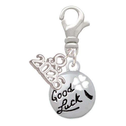 Silver Plated Good Luck Disc with Cutout Four Leaf Clover - Silver Plated Clip on Charm with Mini Year 2026: Year to Remember Jewelry Gift - Celebrations
