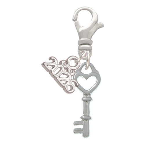 Silver Plated Open Heart Key - Silver Plated Clip on Charm with Mini Year 2026: Year to Remember Jewelry Gift - Celebrations