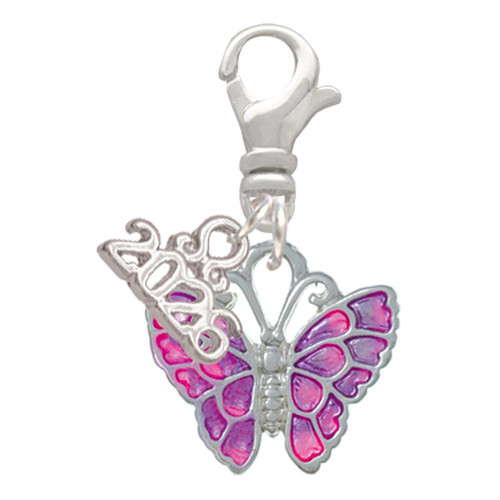 Silver Plated Hot Pink & Purple Butterfly - Silver Plated Clip on Charm with Mini Year 2026: Year to Remember Jewelry Gift - Celebrations
