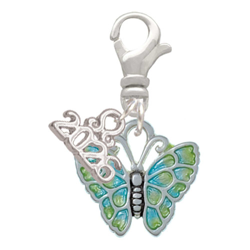 Silver Plated Lime Green & Blue Butterfly - Silver Plated Clip on Charm with Mini Year 2026: Year to Remember Jewelry Gift - Celebrations