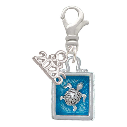 Silver Plated Sea Turtle in Shadow Box - Silver Plated Clip on Charm with Mini Year 2026: Year to Remember Jewelry Gift - Celebrations